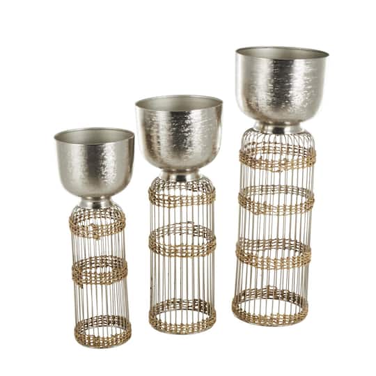 Silver Textured Rounded Dome Metal Planter Set